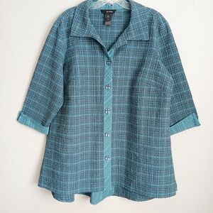 Ali Miles Teal and Black Checkered Top Hi - Low Hem Art To Wear